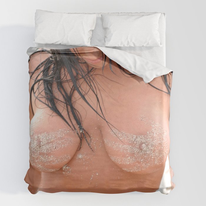 9517-SS Beautiful Naked Woman Nude Beach Sand Surf Big Breasts Long Black Hair Sexy Erotic Art Duvet Cover by Chris Maher Society6
