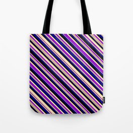 [ Thumbnail: Eyecatching Beige, Dark Violet, Tan, Dark Blue & Black Colored Stripes/Lines Pattern Tote Bag ]