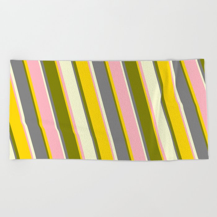 Vibrant Light Pink, Yellow, Green, Gray, and Light Yellow Colored Stripes/Lines Pattern Beach Towel