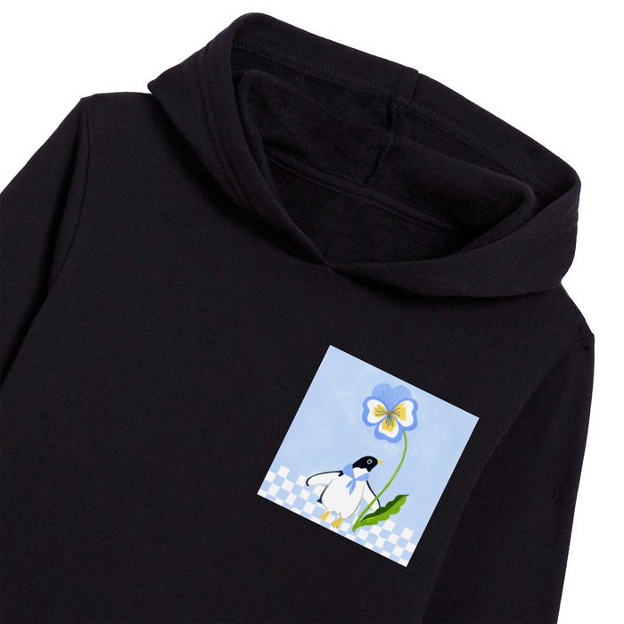 Penguin with blue pansy Kids Pullover Hoodie