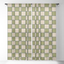 Retro Check Grid Pattern in Midcentury Modern Olive Green Navy Blue Beige Sheer Curtain