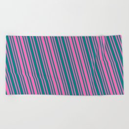 [ Thumbnail: Hot Pink and Teal Colored Pattern of Stripes Beach Towel ]