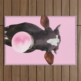 Cute Cow Chewing Pink Bubble Gum Outdoor Rug