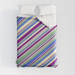 [ Thumbnail: Colorful Light Grey, Dark Sea Green, Royal Blue, Light Yellow & Purple Colored Lined/Striped Pattern Duvet Cover ]