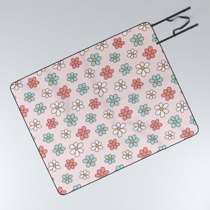 Happy Daisy Pattern, Cute and Fun Smiling Colorful Daisies Picnic Blanket
