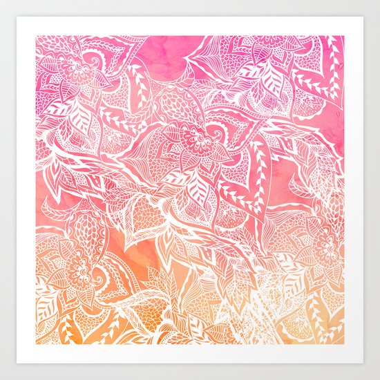 Modern pink coral ombre sunset watercolor floral white boho hand drawn pattern Art Print