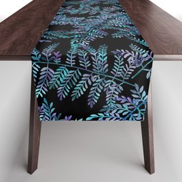 Watercolor Ferns Pattern - Turquoise & Purple on Black Table Runner