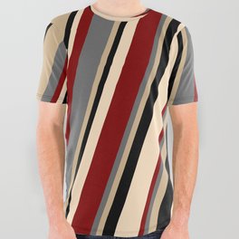 [ Thumbnail: Dim Grey, Tan, Black, Bisque & Maroon Colored Pattern of Stripes All Over Graphic Tee ]