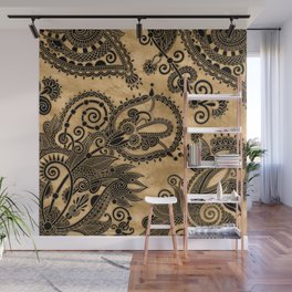 Paisley Floral  Ornament - Black and Pastel Gold Wall Mural
