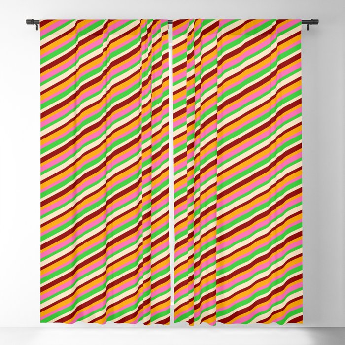 Vibrant Hot Pink, Lime Green, Bisque, Dark Red & Orange Colored Lined Pattern Blackout Curtain