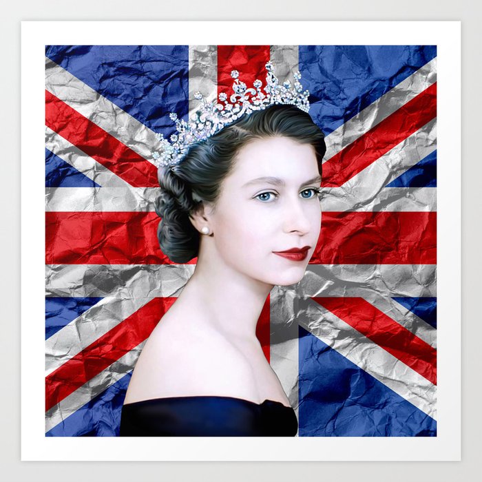 Queen Elizabeth II in blue satin with British flag No 2 Art Print