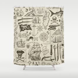 abstract seamless pattern on the pirate theme with hand-drawn sketches and blots. Vintage background with skulls, crossbones, flag, swords, guns, sailboats, islands and other nautical symbols Shower Curtain