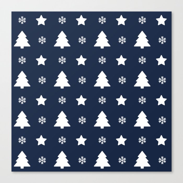 Christmas Pattern White Navy Blue Tree Snowflake Canvas Print