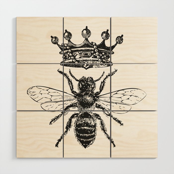 Queen Bee Vintage Bee With Crown Black And White Wood Wall