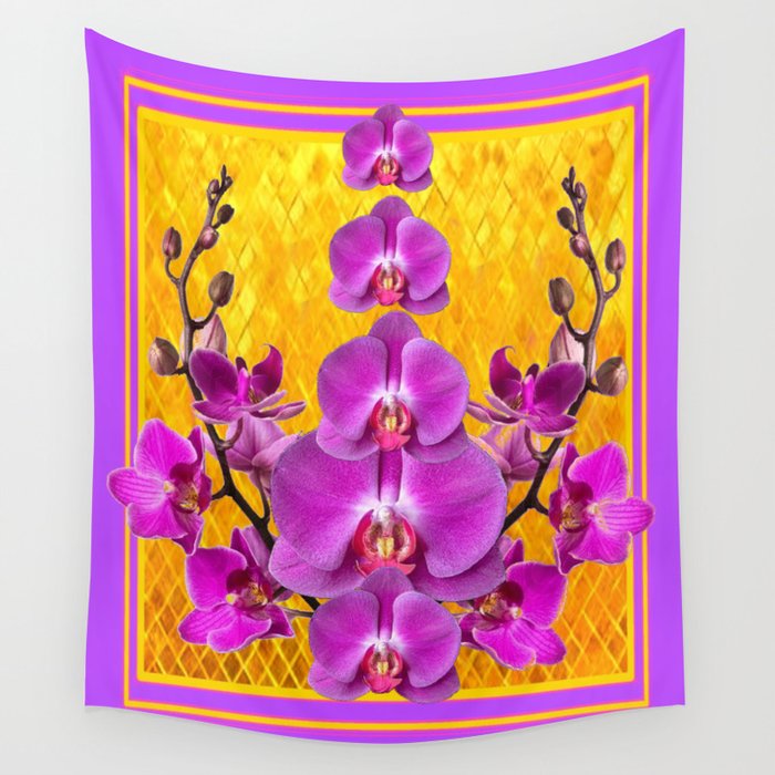 Ornate Decorative Lilac Orchids Art Gold Design Wall Tapestry