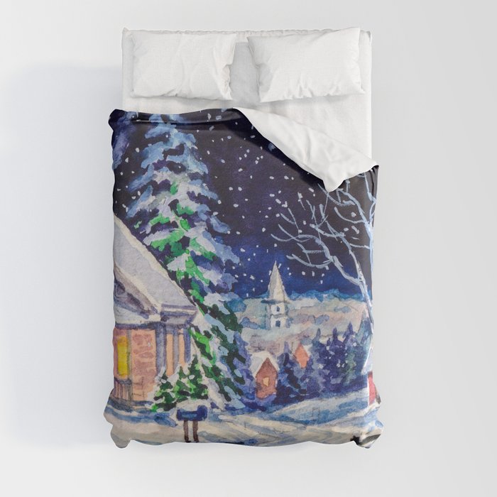 Snowy winter landscape. Country House. Christmas holidays. Forest with pine trees. Watercolor painting.  Duvet Cover
