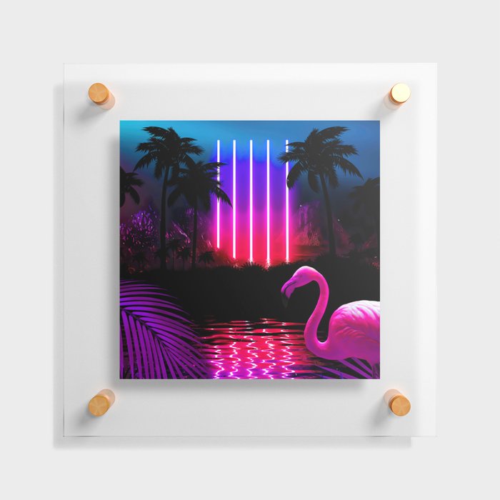 Neon landscape: Neon pillars, palms & flamingo [synthwave/vaporwave/cyberpunk] — aesthetic poster Floating Acrylic Print