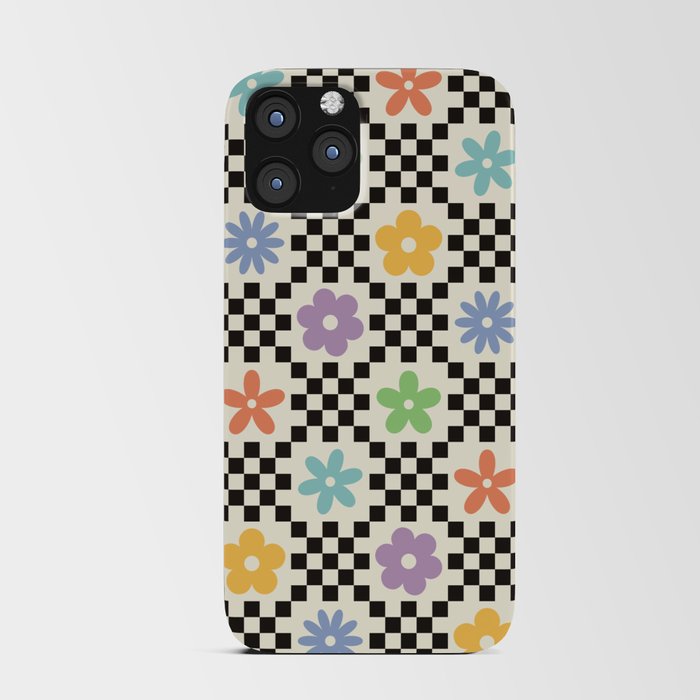 Retro Colorful Flower Double Checker iPhone Card Case