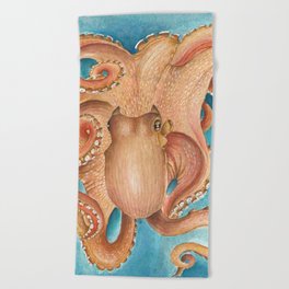 Orange Red Octopus Kraken Tentacles Teal Watercolor Beach Towel