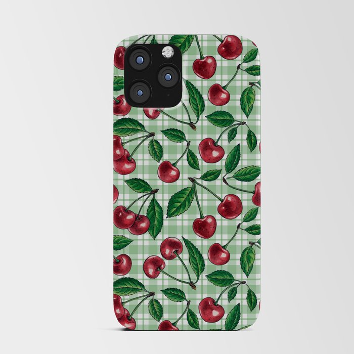 Red cherries on light green gingham  iPhone Card Case