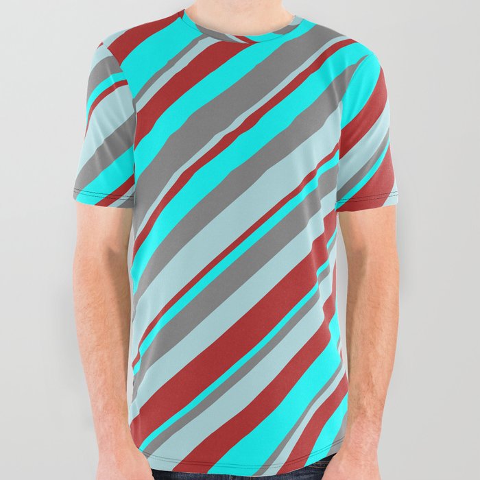 Gray, Powder Blue, Red & Cyan Colored Stripes Pattern All Over Graphic Tee