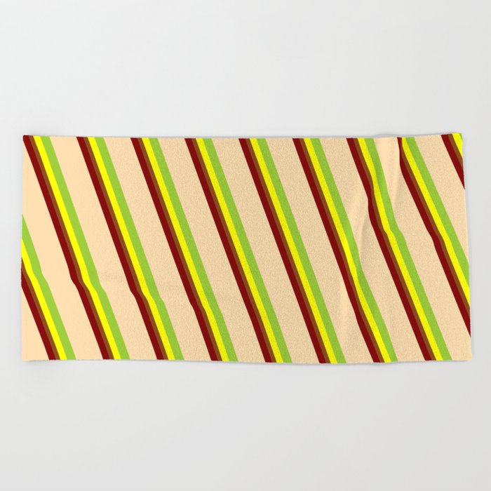 Vibrant Maroon, Tan, Green, Yellow & Brown Colored Lined/Striped Pattern Beach Towel
