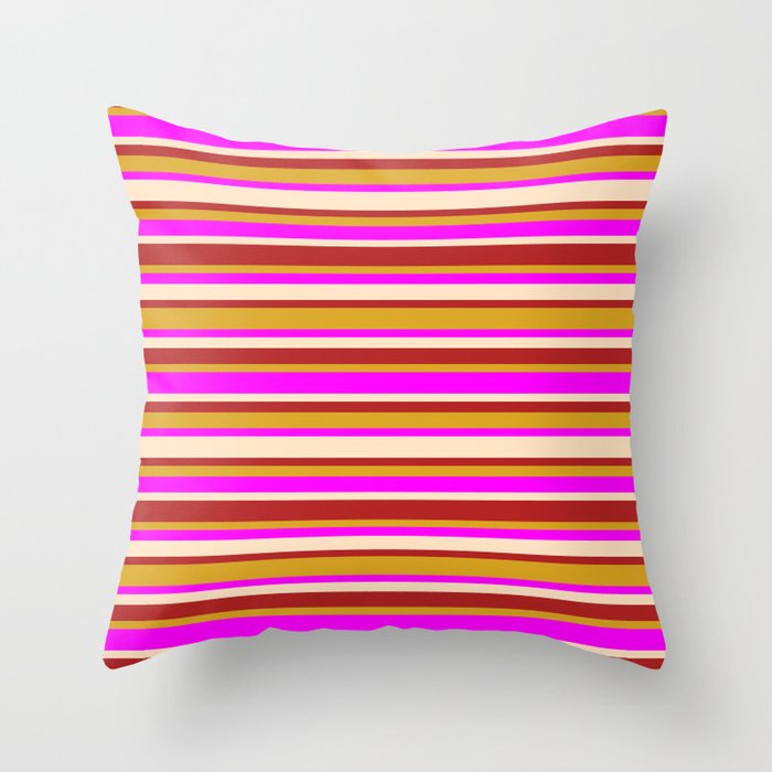 Fuchsia, Bisque, Red, and Goldenrod Colored Lined Pattern Throw Pillow