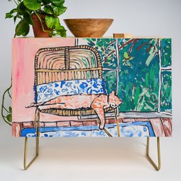 Napping Ginger Cat in Pink Jungle Garden Room Credenza