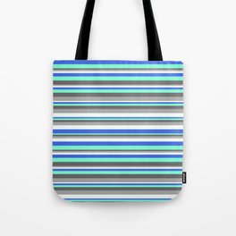 [ Thumbnail: Colorful Royal Blue, Aquamarine, Dim Grey, Dark Grey & Mint Cream Colored Lined/Striped Pattern Tote Bag ]