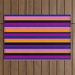 [ Thumbnail: Midnight Blue, Orchid, Dark Orange, Black, and Dark Magenta Colored Lined Pattern Outdoor Rug ]