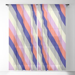 [ Thumbnail: Colorful Plum, Red, Blue, Dark Grey & Light Yellow Colored Lines/Stripes Pattern Sheer Curtain ]