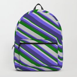 [ Thumbnail: Green, Light Gray, Medium Slate Blue, and Dark Slate Blue Colored Striped Pattern Backpack ]