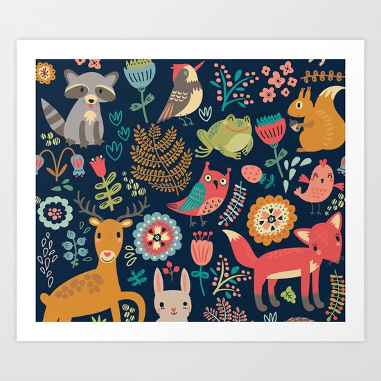 Forest friends - navy Art Print