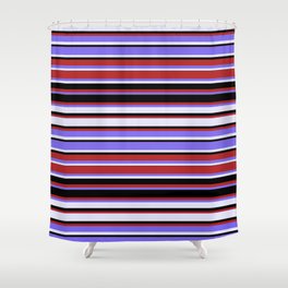 [ Thumbnail: Red, Medium Slate Blue, Lavender, and Black Colored Stripes/Lines Pattern Shower Curtain ]
