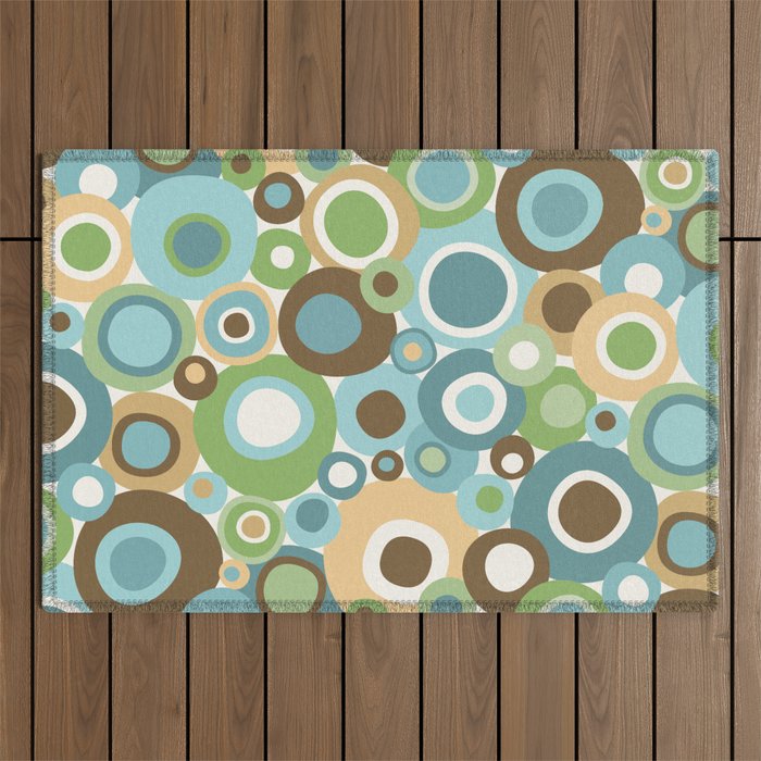 Mid Century Modern Circles // V2 // Brown, Green, Gold, Ocean Blue, Sky Blue, Turquoise, Ivory Outdoor Rug