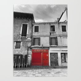 Red Caffe in Venice Black and White Photography Poster