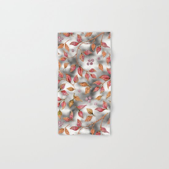 Autumworld- Sparkling pink glitter leaves on silver background #Society6 Hand & Bath Towel