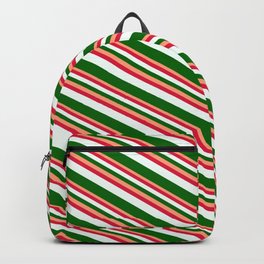 [ Thumbnail: Light Salmon, Crimson, Mint Cream & Dark Green Colored Pattern of Stripes Backpack ]