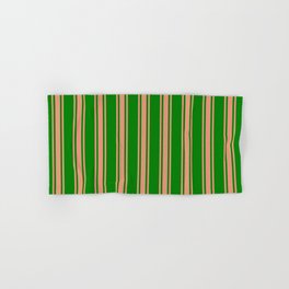 [ Thumbnail: Green and Dark Salmon Colored Lines/Stripes Pattern Hand & Bath Towel ]
