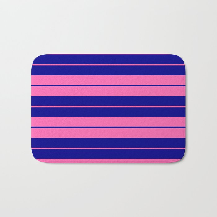 Hot Pink & Dark Blue Colored Striped Pattern Bath Mat
