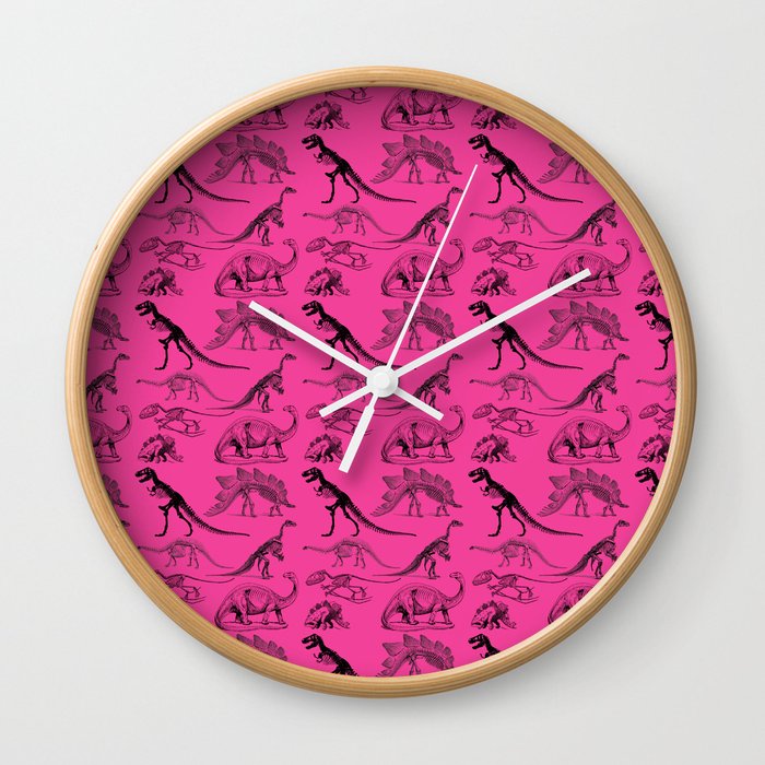 Vintage Museum Animals | Dinosaurs &  Skeletons on Pink | Surface Pattern Repeat Wall Clock