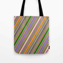 [ Thumbnail: Colorful Light Pink, Dim Grey, Purple, Dark Orange & Green Colored Stripes Pattern Tote Bag ]