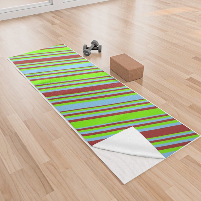 Light Sky Blue, Brown, and Green Colored Striped/Lined Pattern Yoga Towel