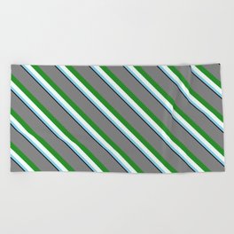 [ Thumbnail: Colorful Grey, Forest Green, Mint Cream, Sky Blue & Black Colored Pattern of Stripes Beach Towel ]