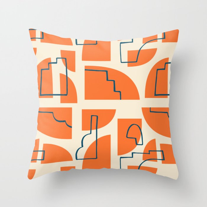 Mid Century Modern Abstract - Blue, orange & cream Throw Pillow