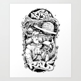 Astro Pals Art Print | Cosmonaut, Illustration, Black and White, Astro, Space, Cartoon, Fox, Drawing 