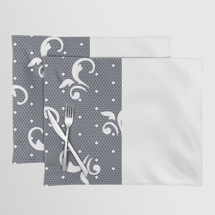 White Floral Curls Lace Vertical Split on Dark Gray Placemat