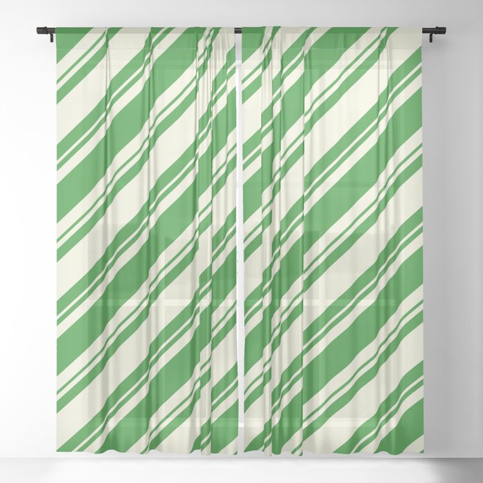 Forest Green and Beige Colored Lined/Striped Pattern Sheer Curtain