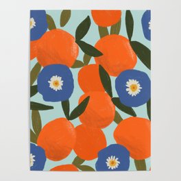 Clementine Orange Blue Flowers Pattern Leaves Poster