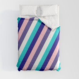 [ Thumbnail: Vibrant Dark Turquoise, Blue, Pink, Dark Slate Blue & White Colored Lined/Striped Pattern Comforter ]